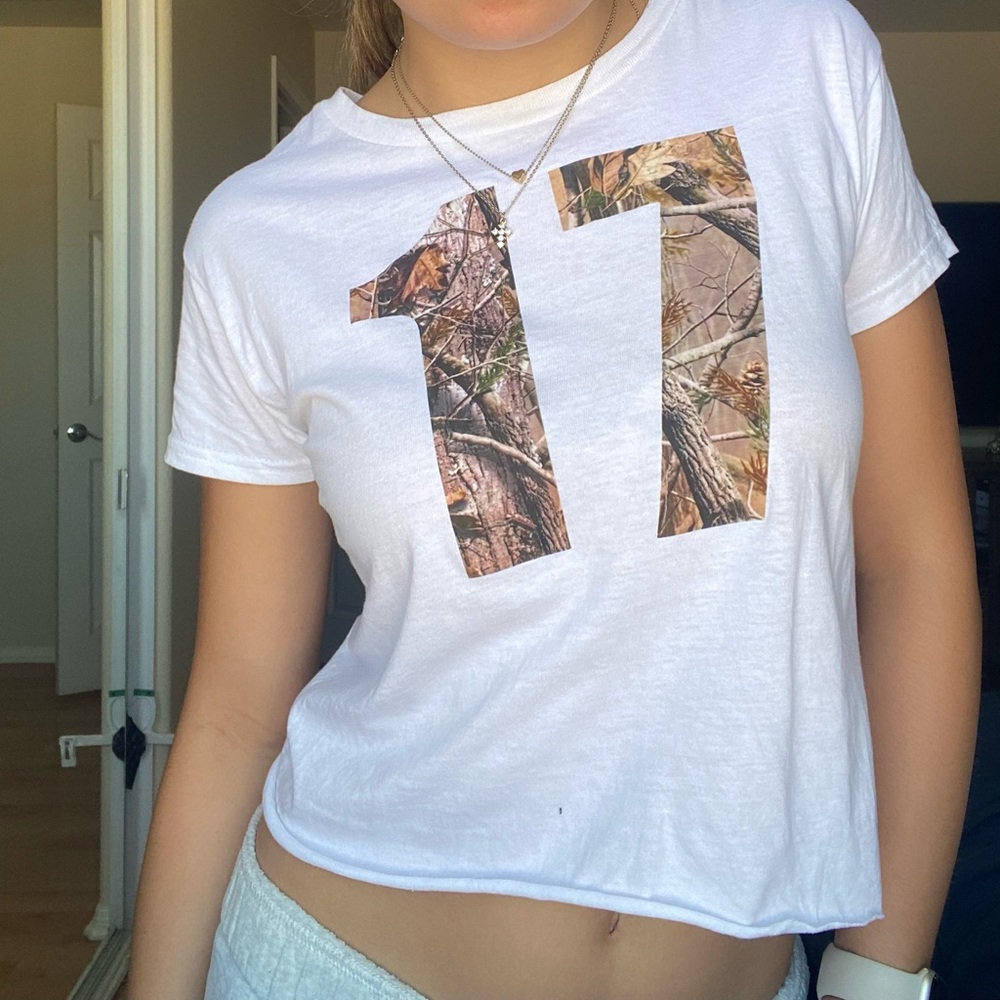 hand printed camo “17” t shirt baby tee